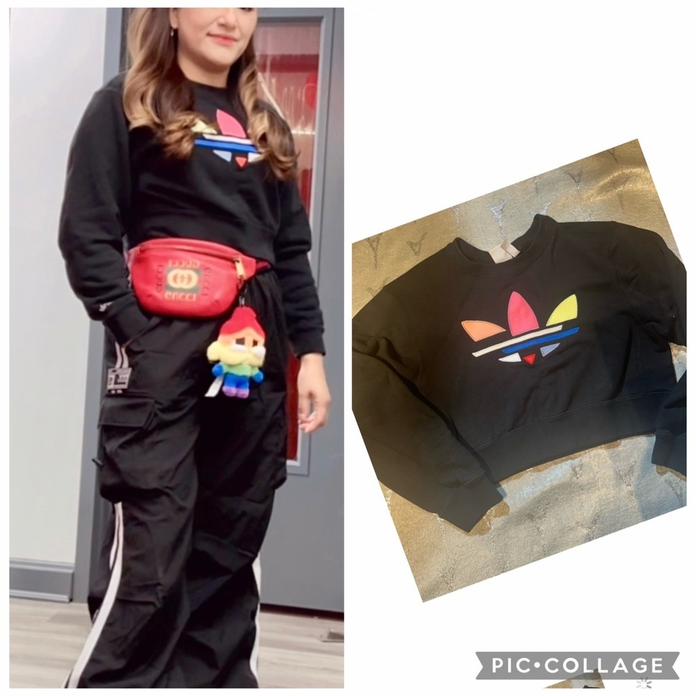 Adidas Women's Black Crew Neck Sweater with Colorful Trefoil